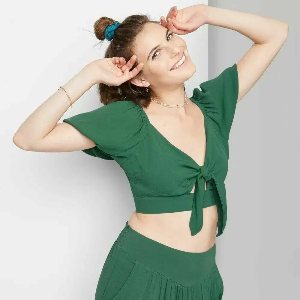 Women’s Puff Short Sleeve Woven Tie Front V-Neck Blouse Wild Fable